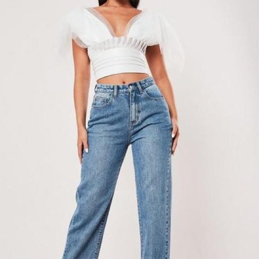 Missguided white tulle and faux leather top - size US 4